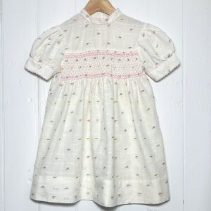 VINTAGE POLLY FLINDERS EUC Sheer Floral Embroidered Smocked Bishop Dress